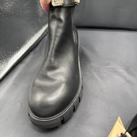Madden NYC Women's Black Rhinestone Chain Zip Lug Sole Chelsie Ankle Boots Sz 9 - Picture 6 of 13